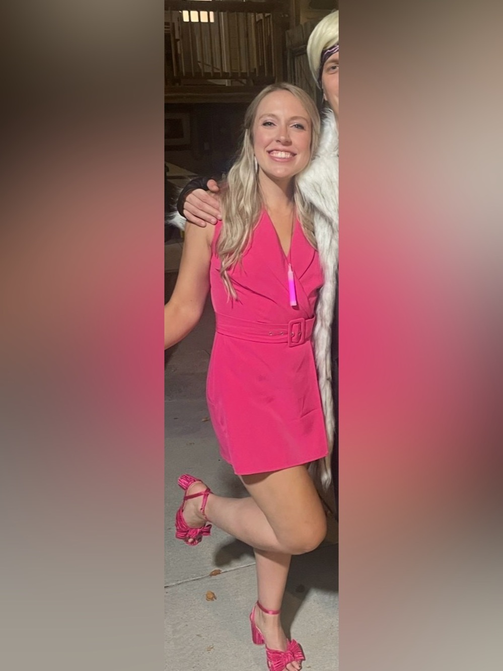 Women’s Hot Pink Belted V-Neck Dress